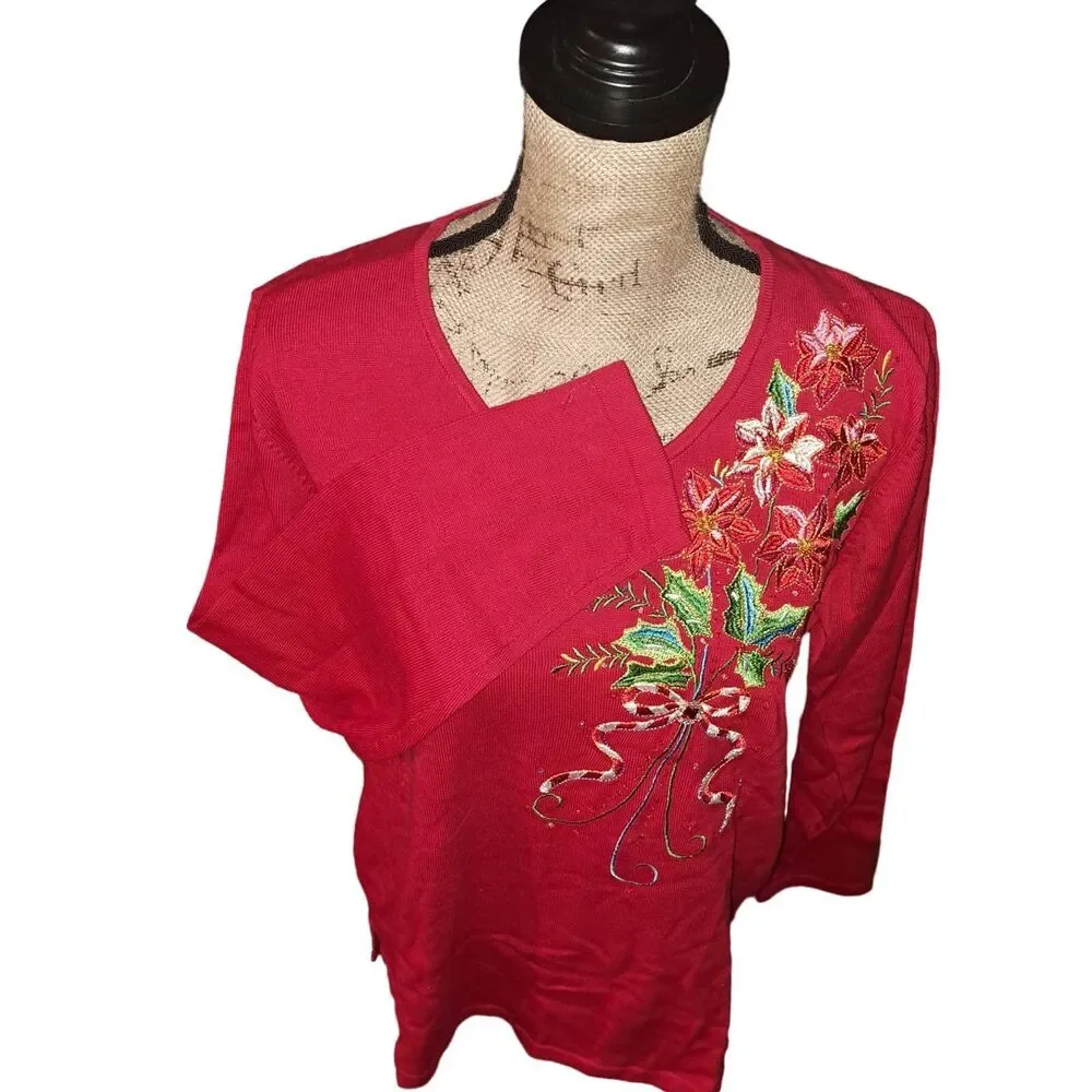 NWT-Quacker Factory Red Long Sleeve Poinsettia Bouquet Sweater Size: Med
